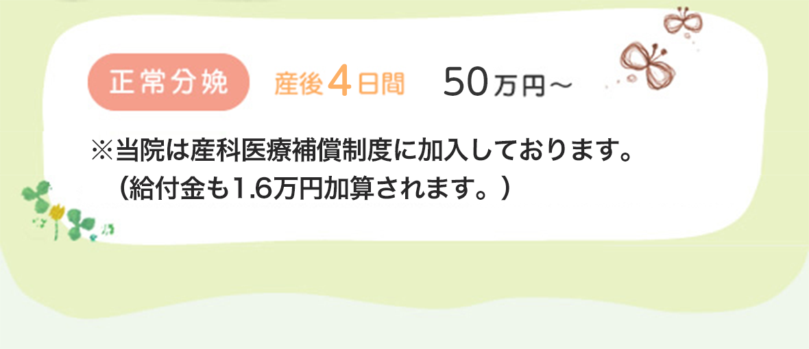 正常分娩　産後4日間　50万円　※当院は産科医療補償制度に加入しております。 （給付金も1.6万円加算されます。）